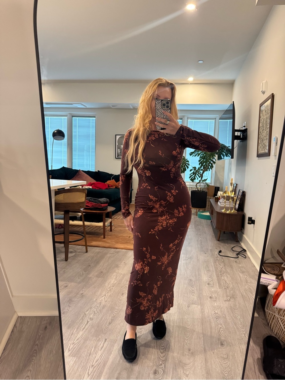 Reformation Brown Floral Long-Sleeve Bodycon Maxi Dress